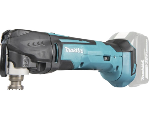 Makita Akku-Multifunktionswerkzeug mit 18 Volt Lithium-Ionen-Akku und OIS Werkzeugaufnahme. Makita Logo.