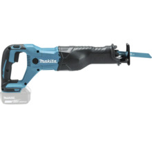 Blau-schwarze Makita Akku-Reciprosäge mit 18 Volt Lithium-Ionen-Akku und Sägeblatt.