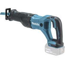 Makita Akku-Säbelsäge 18 Volt mit eingesetztem Sägeblatt und Lithium-Ionen-Akku.