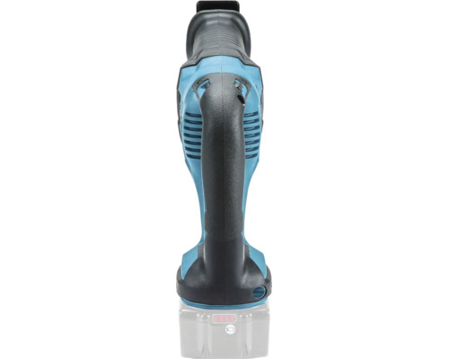 Makita Akku-Säbelsäge aus Kunststoff in Blau mit gummiertem Griff, Lüftungsschlitzen und Akku-Ladestandsanzeige in der Rückansicht.