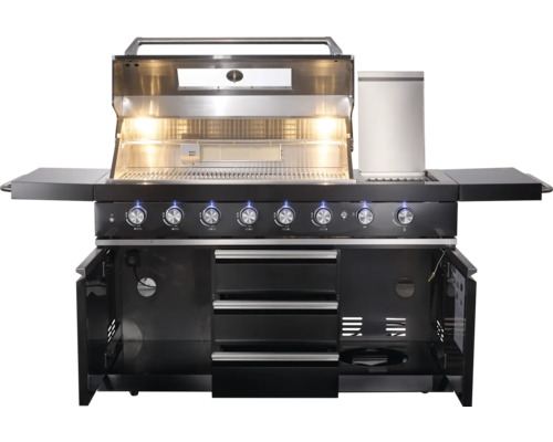 Cuisine de grill avec boutons de commande, tiroirs et placards ouverts