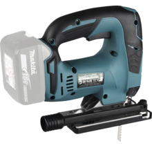 Scie sauteuse sans fil Makita 18 Volt avec batterie lithium-ion et poignée ergonomique.