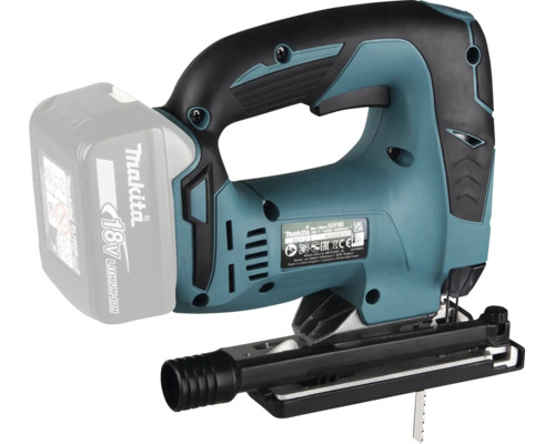 Scie sauteuse sans fil Makita 18 Volt avec batterie lithium-ion et poignée ergonomique.
