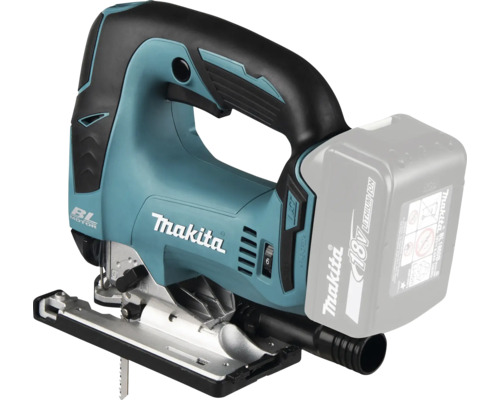 Scie sauteuse sans fil Makita 18 Volt bleue et noire avec moteur sans balais et batterie lithium-ion.