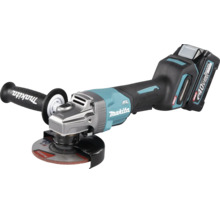 Meuleuse d'angle sans fil Makita 40 Volts avec moteur sans balai, poignée latérale et disque à meuler.