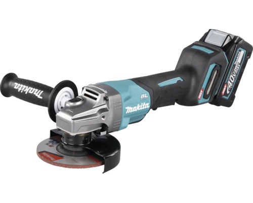 Meuleuse d'angle sans fil Makita 40 Volts avec moteur sans balai, poignée latérale et disque à meuler.
