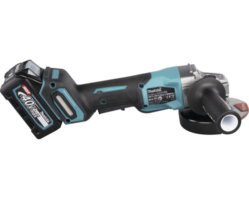 Meuleuse d'angle sans fil Makita avec batterie lithium-ion 40 Volt Max XGT, moteur sans balais, poignée latérale et capot de protection.