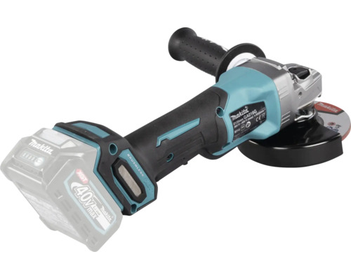 Meuleuse d'angle sans fil Makita 40 Volt avec poignée latérale et capot de protection.
