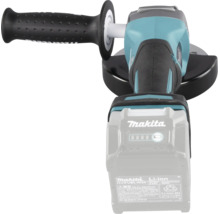 Meuleuse d angle sans fil Makita avec poignée latérale et capot de protection vue de dessus. Logo Makita sur la batterie.