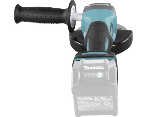 Meuleuse d angle sans fil Makita avec poignée latérale et capot de protection vue de dessus. Logo Makita sur la batterie.