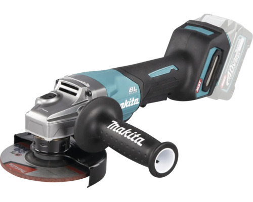 Meuleuse angulaire sans fil Makita 40 Volt avec moteur sans balais, carter de protection et poignée latérale.