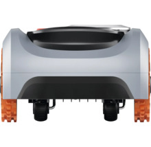 Vue arrière d'un robot tondeuse avec roues et chenilles