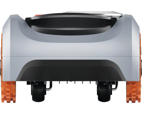 Vue arrière d'un robot tondeuse avec roues et chenilles