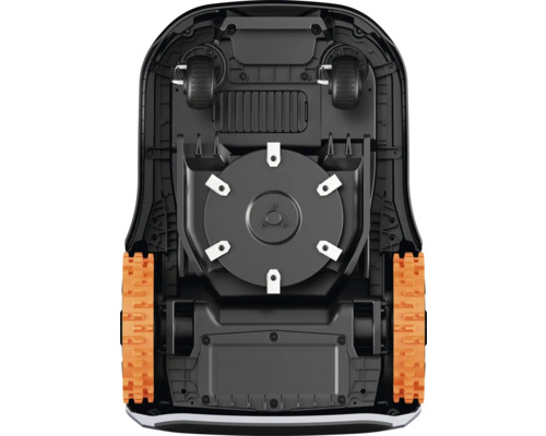 Dessous d'un robot de tonte avec mécanisme de coupe et roues