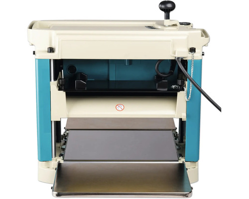 Blau-beige elektrische Dickenhobelmaschine mit Handkurbel zur Höhenverstellung und Metalltisch für die Holzbearbeitung.