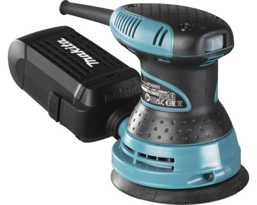 Makita Exzenterschleifer BO5031 mit 125 Millimeter Schleifteller und Staubfangbox.