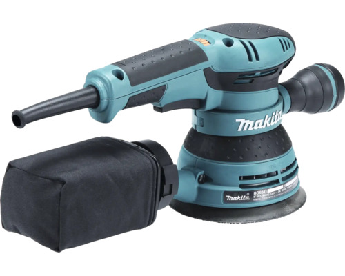 Ponceuse excentrique Makita BO5041 avec sac à poussière et poignée supplémentaire.