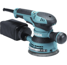 Ponceuse excentrique Makita avec sac à poussière, poignée ergonomique et plateau de ponçage rond avec Logo Makita.