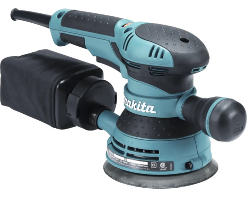 Ponceuse excentrique Makita avec sac à poussière, poignée ergonomique et plateau de ponçage rond avec Logo Makita.