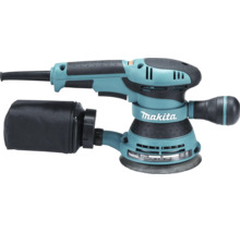 Ponceuse excentrique Makita BO5041 avec poignée supplémentaire réglable et sac à poussière.