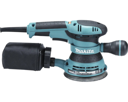 Ponceuse excentrique Makita BO5041 avec poignée supplémentaire réglable et sac à poussière.
