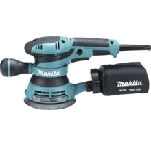 Ponceuse excentrique Makita avec sac à poussière et poignées ergonomiques pour un ponçage précis.