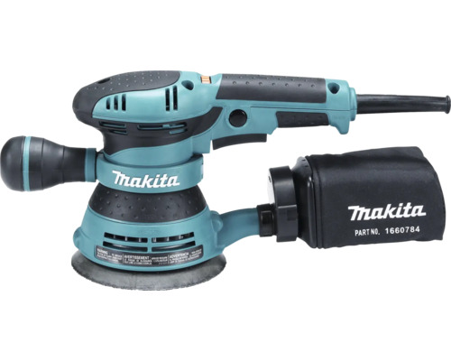 Ponceuse excentrique Makita avec sac à poussière et poignées ergonomiques pour un ponçage précis.