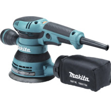 Ponceuse excentrique Makita en turquoise et noir avec sac à poussière et poignée ergonomique.