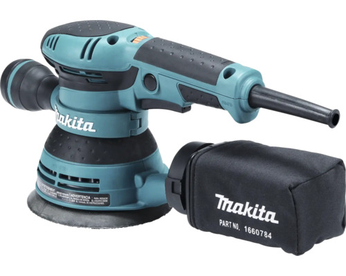 Ponceuse excentrique Makita en turquoise et noir avec sac à poussière et poignée ergonomique.