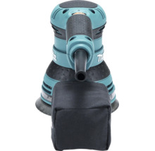 Ponceuse excentrique Makita avec sac à poussière et poignée ergonomique, vue de dessus.