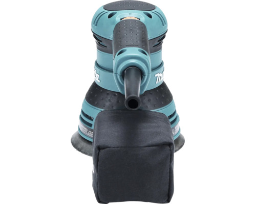 Ponceuse excentrique Makita avec sac à poussière et poignée ergonomique, vue de dessus.