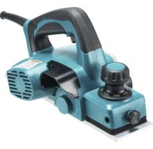 Türkisfarbener Elektrohobel mit ergonomischem Handgriff, Tiefeneinstellrad und Spanauswurf.