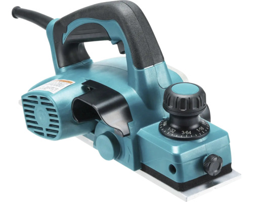 Türkisfarbener Elektrohobel mit ergonomischem Handgriff, Tiefeneinstellrad und Spanauswurf.