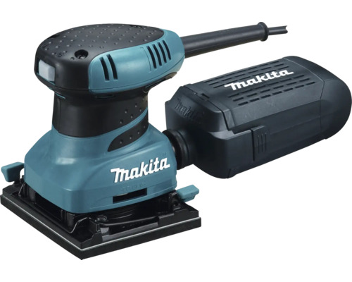Ponceuse vibrante Makita avec bac de récupération de poussière pour travaux de ponçage.