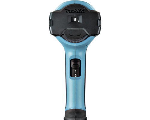 Logo Makita au-dessus d'un affichage numérique et d'une molette de réglage sur une poignée d'outil électrique avec un interrupteur à glissière.