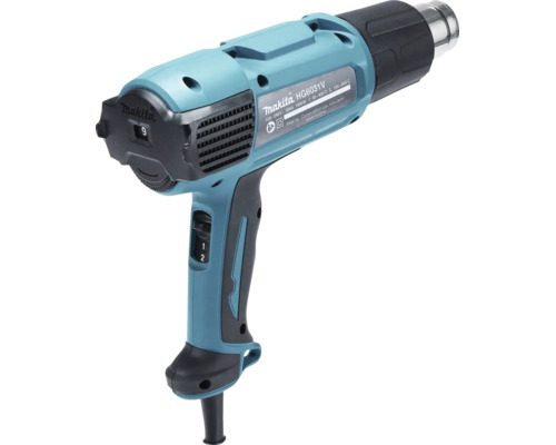 Décapeur thermique bleu Makita HG6031V de 1800 watts avec deux réglages de débit d'air et température réglable de 50 à 600 degrés Celsius.