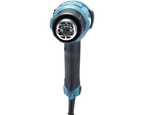 Décapeur thermique en plastique turquoise et noir avec grille de buse en métal.