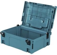 Coffret de transport en plastique ouvert et vide pour outils avec quatre fermetures.