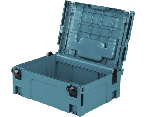 Coffret de transport en plastique ouvert et vide pour outils avec quatre fermetures.