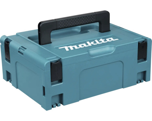 Coffret de transport Makita Makpac en plastique avec poignée et clips de fermeture.
