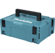 Coffret de transport Makita MAKPAC en plastique avec poignée noire et fermetures à clip.