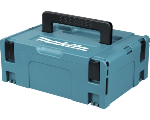 Coffret de transport Makita MAKPAC en plastique avec poignée noire et fermetures à clip.