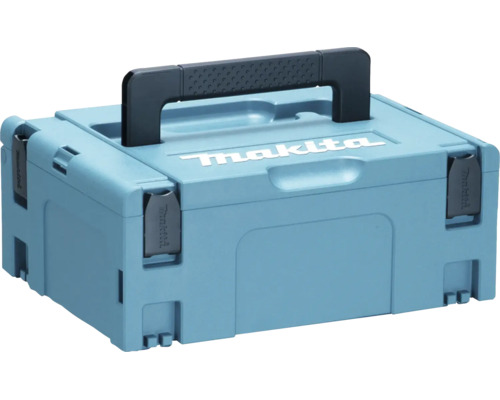 Coffret de transport bleu Makita Makpac en plastique avec poignée et clips de fermeture.