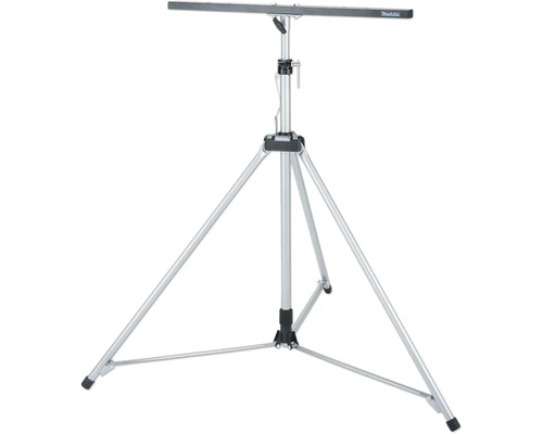 Trépied Makita pour projecteurs de chantier en métal avec pieds réglables en hauteur et une traverse pour le montage de lampes.