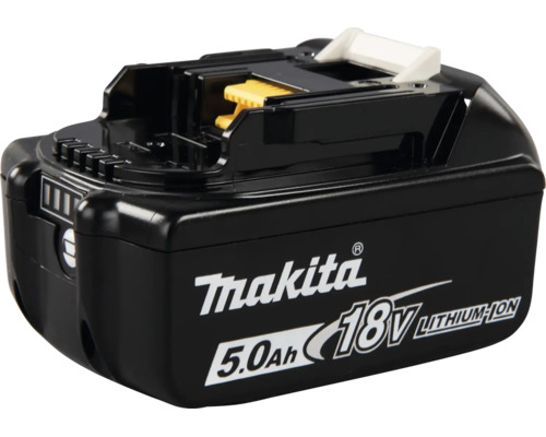 Batterie Makita lithium-ion 18 volts avec une capacité de 5,0 ampères-heures.