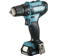 Perceuse-visseuse à batterie Makita 12 Volt avec batterie de 2,0 Ampères-heures, mandrin à serrage rapide, embout et clip ceinture.