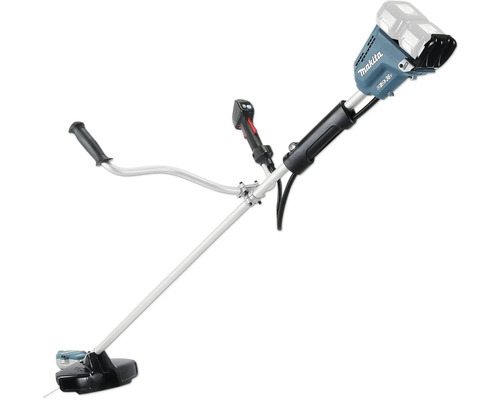 Makita Akku-Freischneider mit Zweihandgriff und zwei 18 Volt Akkus für die Rasenpflege.