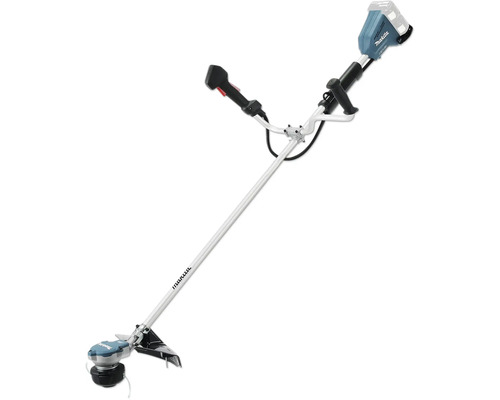 Makita Akku-Freischneider mit Zweihandgriff in Türkis und Silber.