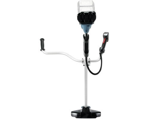 Akku-Motorsense mit Zweihandgriff, silbernem Schaft und schwarzer Schutzhaube.