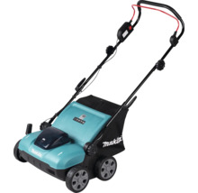 Makita Akku-Vertikutierer mit schwarzem Fangkorb und vier Rädern.